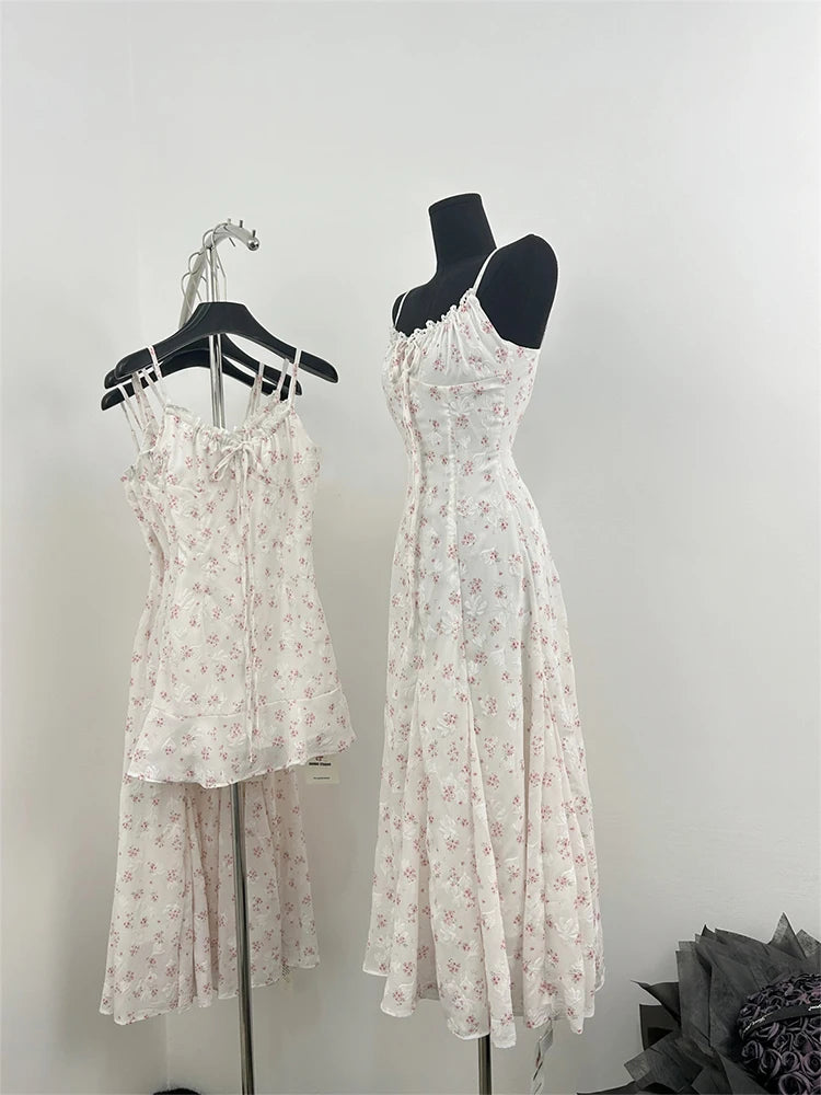 Advbridge Summer French Vintage Mini Spaghetti Strap Dress Women 2000s Mori Girl Maxi Floral Frocks Party One-Piece Evening Prom Gown New