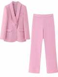 Advbridge Pink Blazer Suit Floor Length Pants 2 Piece Set Women Single Button Coat Straight Pants Sets  Spring Fashion Commuting Suits