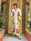 ADVBRIDGE  -  Print Linen Dress Women Elegant Loose Lace Up V Neck Vintage Vestidos Female 2024 Summer Long Sleeves Fashion High Waist Robe