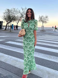 ADVBRIDGE  -  Vintage Hollow Out Printed Long Dress Chic Round Neck Short Sleeve Slim Fit Pleated Robes New Lady Summer Holiday Beach Vestidos