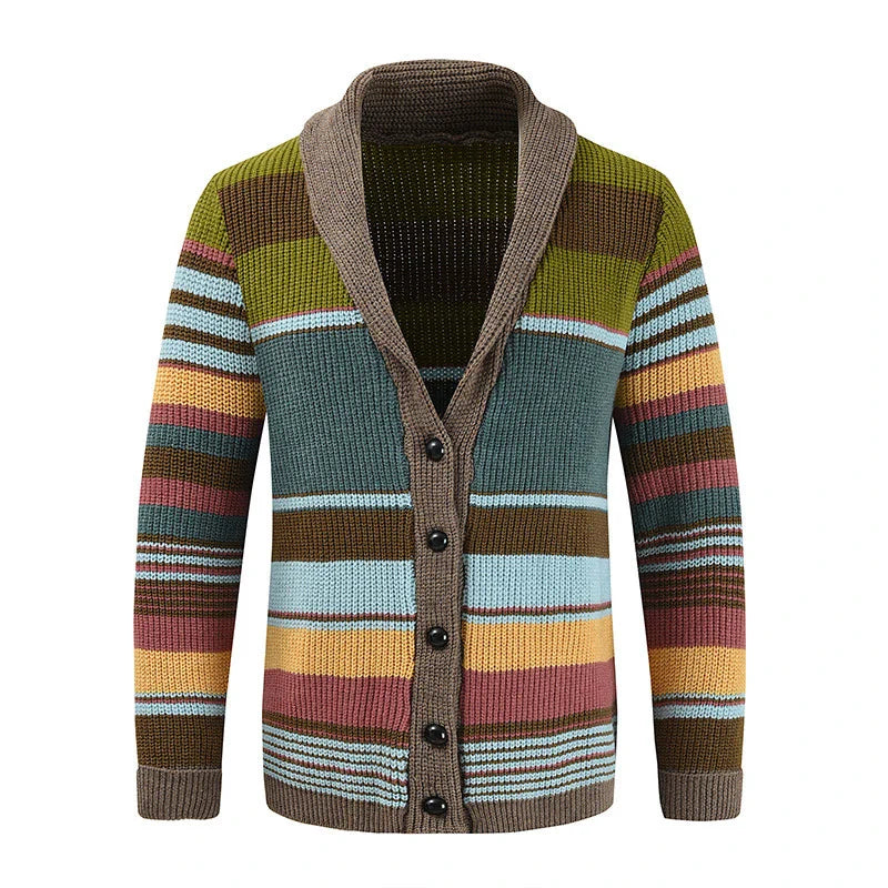 Advbridge Men‘s Wintern outfits Trendy Mens Knitted Cardigans 2025 Spring Casual Button-up Lapel Sweatercoats Men Vintage Rainbow Striped Sweater Jacket Coats Advbridge Men‘s Wintern outfits