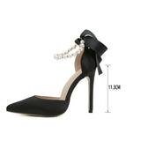 ADVBRIDGE  -  11cm Stiletto Heel White Wedding Shoes Women High Heels Sexy Pointed Toe Ankle Pearl Chain Party Shoes Bow Spring Pumps
