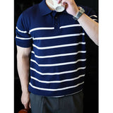 ADVBRIDGE  -  Contrasting Color Horizontal Stripes Knitted Short-sleeved Polo Shirt for Men Slim Casual Business Lapel T-shirt Trendy