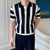 ADVBRIDGE  -  Daily Casual Breathable Knitted Polo Shirt Mens Summer Vintage Turn-down Collar Button Polos For Men Fashion Striped Polo Shirts