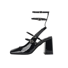 Advbridge New Retro French Square Toe Women High Heel Pumps Sexy Strappy Buckle Black Sandals Chunky High Heels Party Shoes