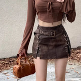 Advbridge -  American Retro Hot Girl Skirt Women's Autumn Wrap Hip Leather Skirt Ink Painted Belt A-line Mini Skirt Fashion Female Clothes