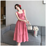 ADVBRIDGE  -  Summer Rose Pink Suspenders Strap Dresses Sweet Women Square Collar Ruffle Cute Backless Sexy Elegant Dress Female Casual