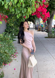 ADVBRIDGE  -  French Elegant Chic Women's Dresses Solid Satin Inclined Shoulder Pleated Slim Wasit Mermaid Dress Party Prom Female Clothes New
