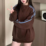 Advbridge Autumn Winter New Sweatshirts Coat Loose Cardigan Stand Collar Women Clotheing Casual Korean Zipper Striped All-match Tops