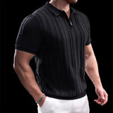 ADVBRIDGE  -  Trendy Striped Textured Men Polo Shirts Short Sleeve Zip-up Lapel Casual Polos Mens Clothes Summer Fashion Slim Knit Polo Shirt