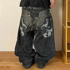 Advbridge 2024 New American Retro Skull Wings Embroidered Baggy Jeans Men And Women Y2K Harajuku Hip-hop Gothic Wide Trousers Streetwear