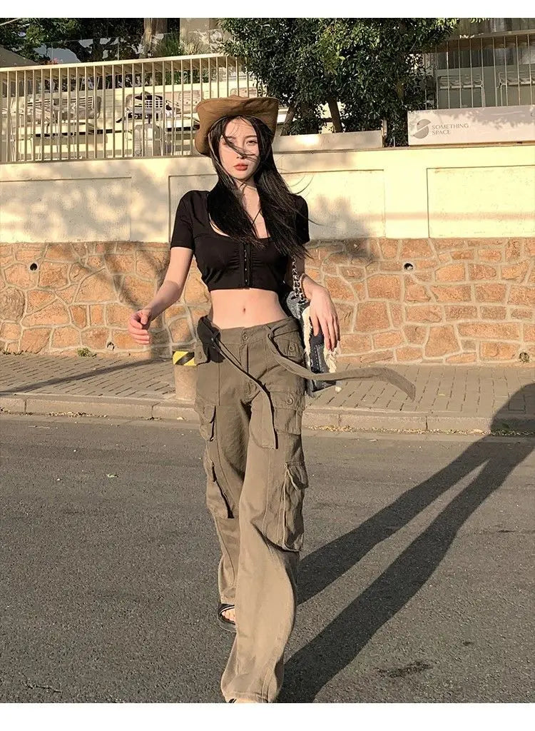 Advbridge  vintage streetwear gray overalls wide leg cargo women pants Retro women's trousers sexy low waist loose casual trousers