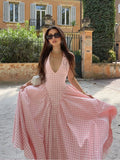 Advbridge Sexy Woman's Backless Sleeveless Halter Long Dress Elegant Plaid Slim Ruffle Hem Vestidos 2024 New Lady Vacation Party Robes