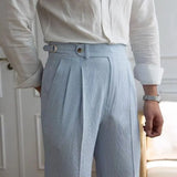 Advbridge Italian Style Naples Suit Pants Men Blue Stripes Seersucker High Waist Paris Buckle Trouser Fashion England Business Casual Pant