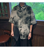 ADVBRIDGE  -  Mens Chinese Traditional Mountain Painting Printed Tang Shirts Frog Button Down Kong Fu Short Sleeve Summer Clothing Male XXXXXL