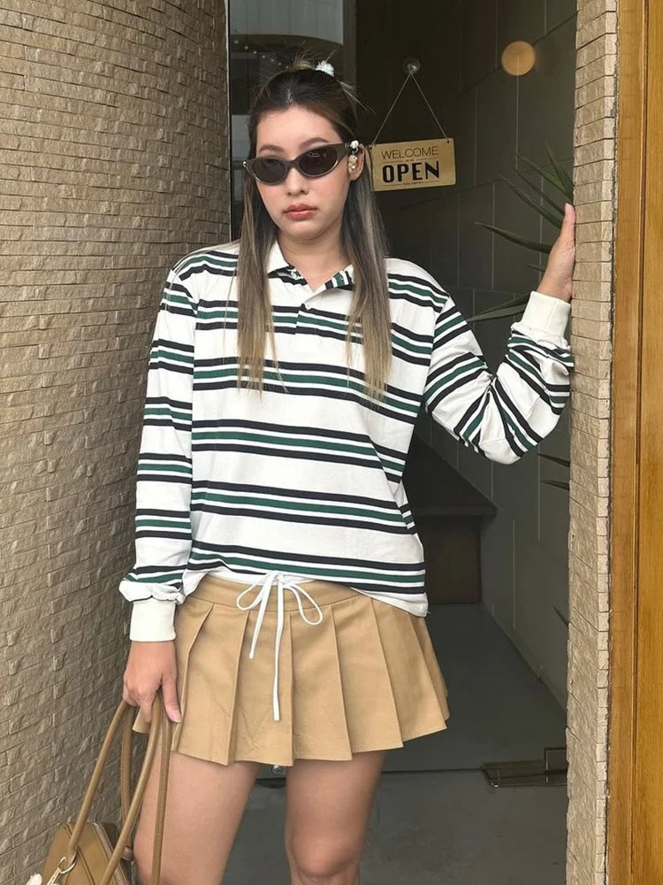 Advbridge  Burgundy Striped Casual Women T-shirt Summer Loose Polo Shirts Buttons New Female Tops Blouse White Tops Spring Shirt