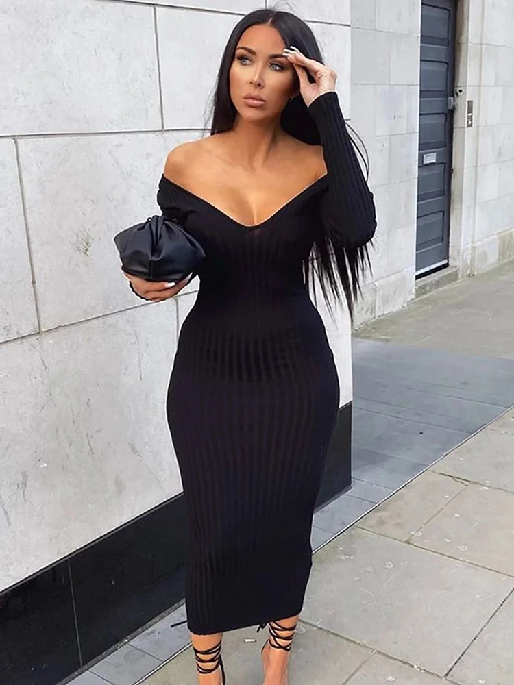 Advbridge Spring Knitted Dress Women V-Neck Long Sleeve Bodycon Sweater Dresses Basic Elastic Casual Skinny Vestidos Black