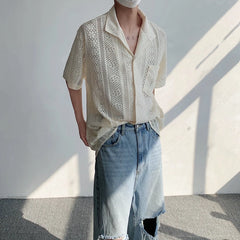 Advbridge Men's Fashionable Korean Style Hollow Out Turn-down Collar Trendy Single Breasted Short Sleeve 2024 Summer New Lace Top