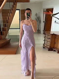 Advbridge Backless Sleeveless Ruffles Tassels Sling Dress A-line Side Split Irregular Long Dresses Summer Purple Casual Beach Clothes