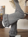 Advbridge Korean Casual Women Knitted Ruffles Flare Pants Vintage Simple Fashion All Match Wide Leg Trousers Y2k Grunge Mujer Pantalones