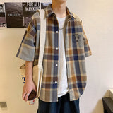 Advbridge New 100% Cotton Men Casual Plaid Shirt Short Sleeved Korean Style Fashion Striped Loose Harajuku Clothes Streetwear 2XL 3XL