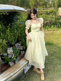 Advbridge Women Elegant Puff Sleeve Summer Midi Dress Lady Square Collar Solid High Waist Fairy Party Dress Korean Holiday One Piece Dress