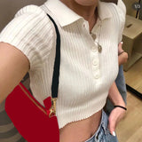 ADVBRIDGE  Turn Down Collar Knit White Crop Top Women Summer All Match Slim Fit T Shirt Woman 2023 Streetwear Short Sleeve Tee Tops