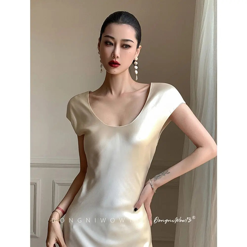 Advbridge -  Sweet Hot Girl Acetate Elegant Dress Women's Spring O-neck Satin Flying Sleeve Slim Fit Long Dress Fashion Female Clothes