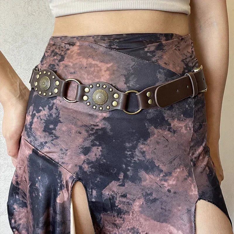Advbridge Vintage Circle Splicing Belts Cowboy Hollow PU Girdle Rivet Punk Metal Buckle Spice Girls Skirt Decoration Heavy Duty Wide Belt