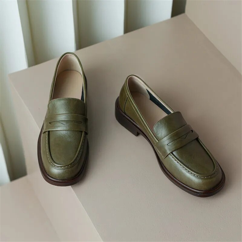 Advbridge Spring Cow Leather Women Shoes Casual Round Toe Loafers Thick Heel Slip-On Shoes for Women Retro Women Pumps Zapatos De Mujer