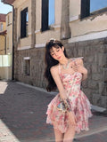 Advbridge Summer Women Sleeveless Sweet Pink Print Beach Dress Female Slim Holiday  Halter Mini Dress Tierred Birthday Party Dress
