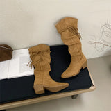 ADVBRIDGE  -  Western Style Fashion Hemp Tassel Knee High Boots Women Winter Street Pointed Toe Cowboy Boots Low Thick Heels Long Shoes