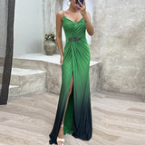 Advbridge Elegant Fashion Gradient High Split Dresses Lady Pleated Waisted Party Dresses Women Sexy Deep V-neck Sleeveless Evening Dress