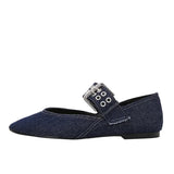 ADVBRIDGE  -  Denim Blue Flat Ballet Flats Women Fashion Metal Buckle Strap Design Flats Shoes Light Breathable Mary Jane Shoe Designer Shoes