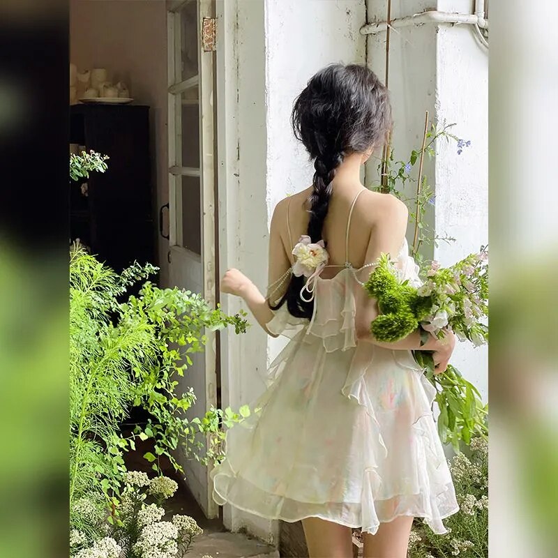 Advbridge France Vintage Sweet Tie-dyed Fairy Dress Summer Women Elegant Chic Ruffles Princess Dresses Female Casual Beach Vestidos