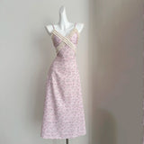 ADVBRIDGE  -  Summer Gentle Spaghetti Strap Chiffon Dress Women Korean V-Neck Lace Splicing Print Slim Long Dresses Pink Female Clothing