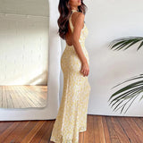 ADVBRIDGE  -  Elegant Solid Party Dress Luxury Sleeveless Deep V Suspender Evening Dress Temperament High Waist Lace Embroidery Bodycon Dress