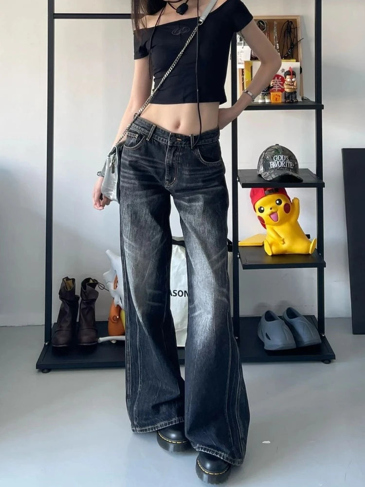Advbridge Women Y2K Baggy Vintage Jeans Black Streetwear Wide Leg Pants Harajuku Distressed Washed Looes Denim Trousers Hip Hop