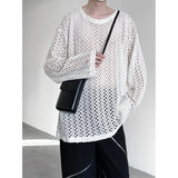 Advbridge Mens White/Black Hollow Tops Mesh Round Neck Loose Casual Long Sleeve T-shirt Men Hip Hop See-through Pullover Party TShirt