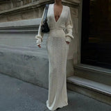 ADVBRIDGE  -  Solid Colour Sexy Knit Cut Out Holiday Beach Casual Long Dresses Women's 2025 Summer Sexy V-Neck Long Sleeve Bodycon Maxi Dress