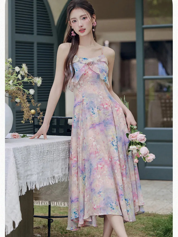 ADVBRIDGE  -  Women Summer Suspenders Dresses Sweet Oil Paint Print Retro Ruffle Strapless Elegant Sling Dress Chiffon Women's Fairy Vestidos