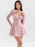 Advbridge Lace Flare Long Sleeve Sexy Mini Dress For Women Robe Autumn New Pink O Neck A-line High Waist Pleated Dress Elegant