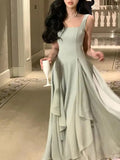 Advbridge Ruffles Evening Party Dress for Women Elegant Sleeveless Square Collar A Line Solid Summer Prom Robe Korean Vestidos