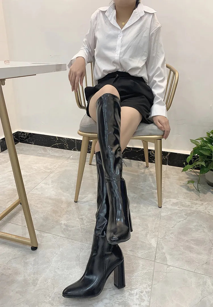 Advbridge New Knee-High Boots Women Pointed Toe Side Zipper Knight Boots For Women Thick High Heels Women Winter Boots Women Botines Mujer