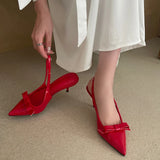 ADVBRIDGE  -  Red Low Heels Women Bow Shoes Burgundy Heels Comfort Ladies Pointed Toe Slingback Pumps Summer Office Shoes Zapatos De Mujer