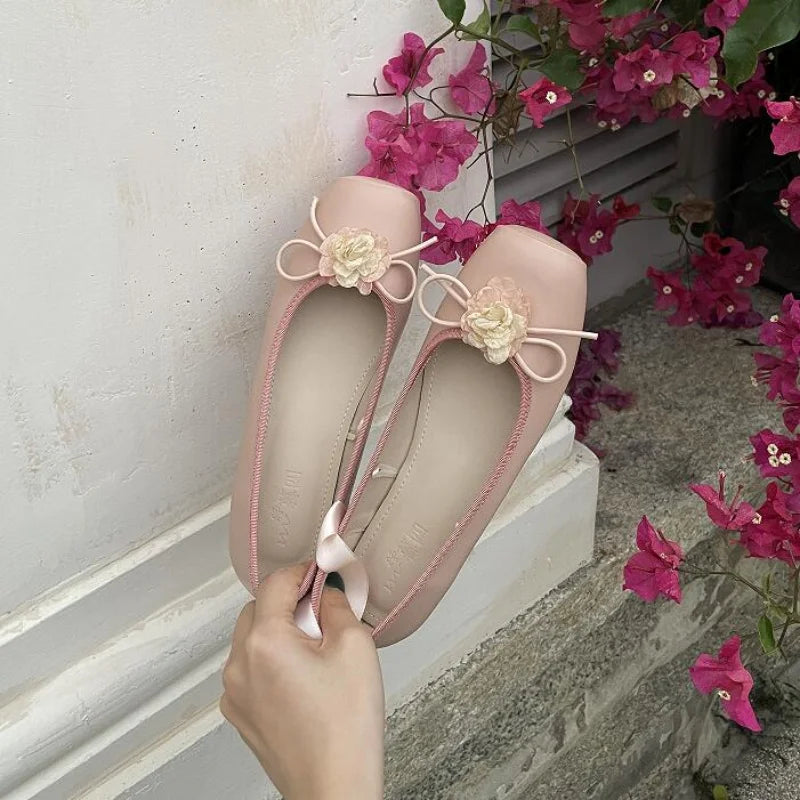 Advbridge Classic Ballet Shoes Silk Ribbon Lace Up Ballet Shoes Women Square Toe Narcissus Flower Elegant Valentine Flats Pink Green