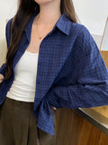 Advbridge Retro French Casual Slim Women Shirt Street Loose Fashion Plaid Woman Shirt Blue Chicly Simple Basic Long-Sleeved Shirt Female