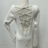 ADVBRIDGE  -  Sexy White Knitted Long Dresses Women Scoop Neck Long Sleeve Backless Bandage Maxi Dress Summer Holiday Elegant A-line Vestidos