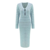 ADVBRIDGE  -  Sexy Women Solid Long Knit Sleeve Bikin Fashion Cover up Female See-Through Deep V-Neck Hollow-Out Beach Knitwear Maxi Dress