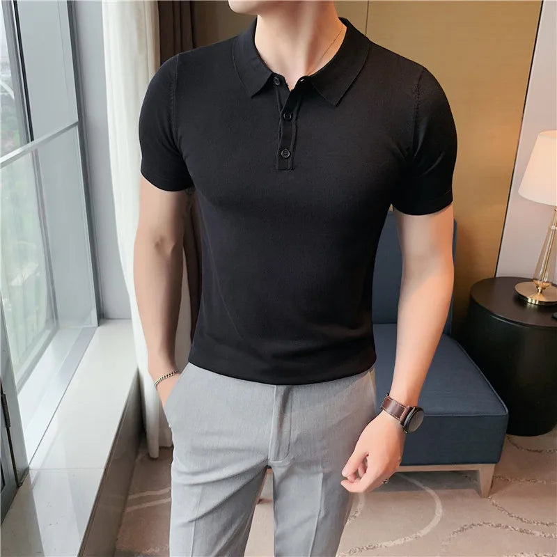 Advbridge -  Summer New Men Short Sleeve Solid Polos Knitted T-Shirt Male British Style Slim Fit Business Formal Shirts L33